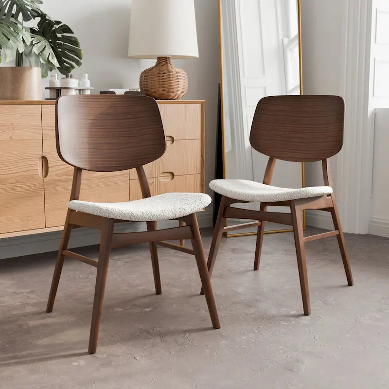 Furniture of America Beau I Mid-century 2-Pack Walnut Dining Chair Set with Boucle Seats