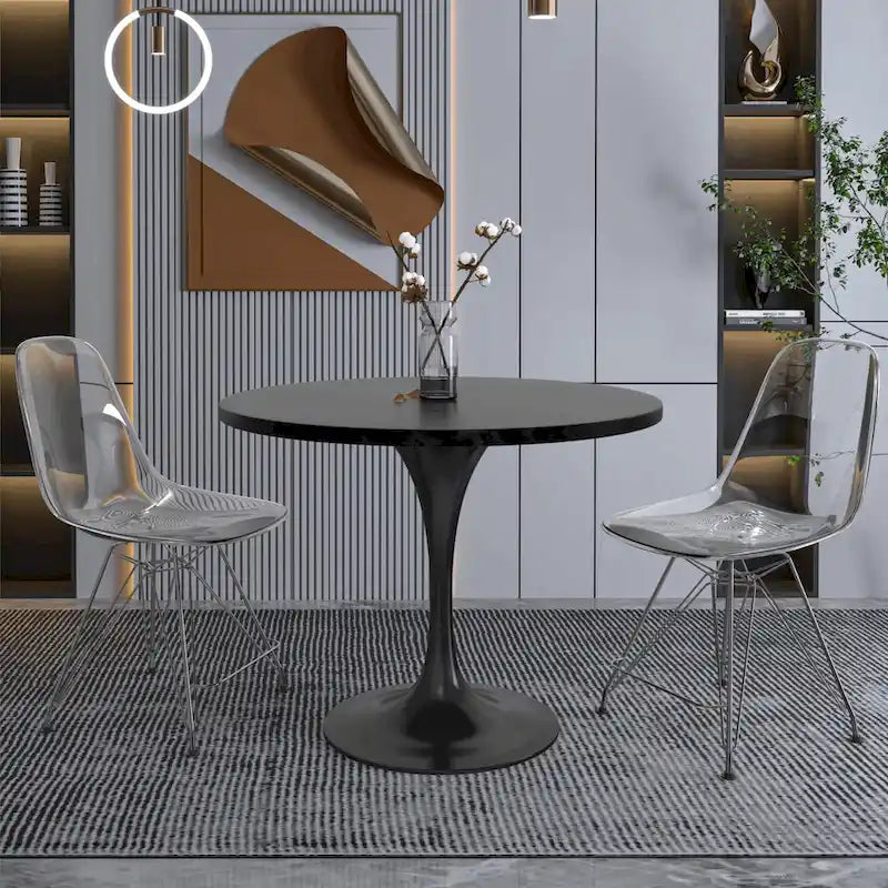 LeisureMod Verve 36  Round Dining Table with MDF Wood TableTop and Black Steel Base for Kitchen & Dining Room