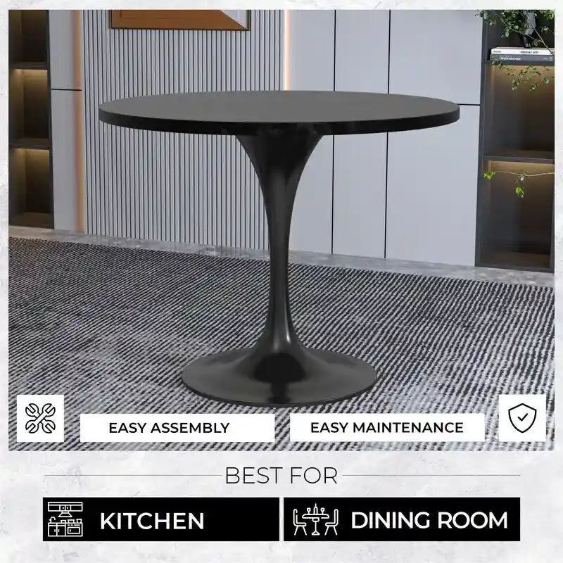 LeisureMod Verve 36  Round Dining Table with MDF Wood TableTop and Black Steel Base for Kitchen & Dining Room