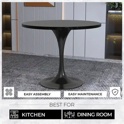 LeisureMod Verve 36  Round Dining Table with MDF Wood TableTop and Black Steel Base for Kitchen & Dining Room