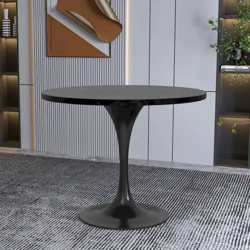 LeisureMod Verve 36  Round Dining Table with MDF Wood TableTop and Black Steel Base for Kitchen & Dining Room