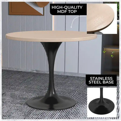 LeisureMod Verve 36  Round Dining Table with MDF Wood TableTop and Black Steel Base for Kitchen & Dining Room
