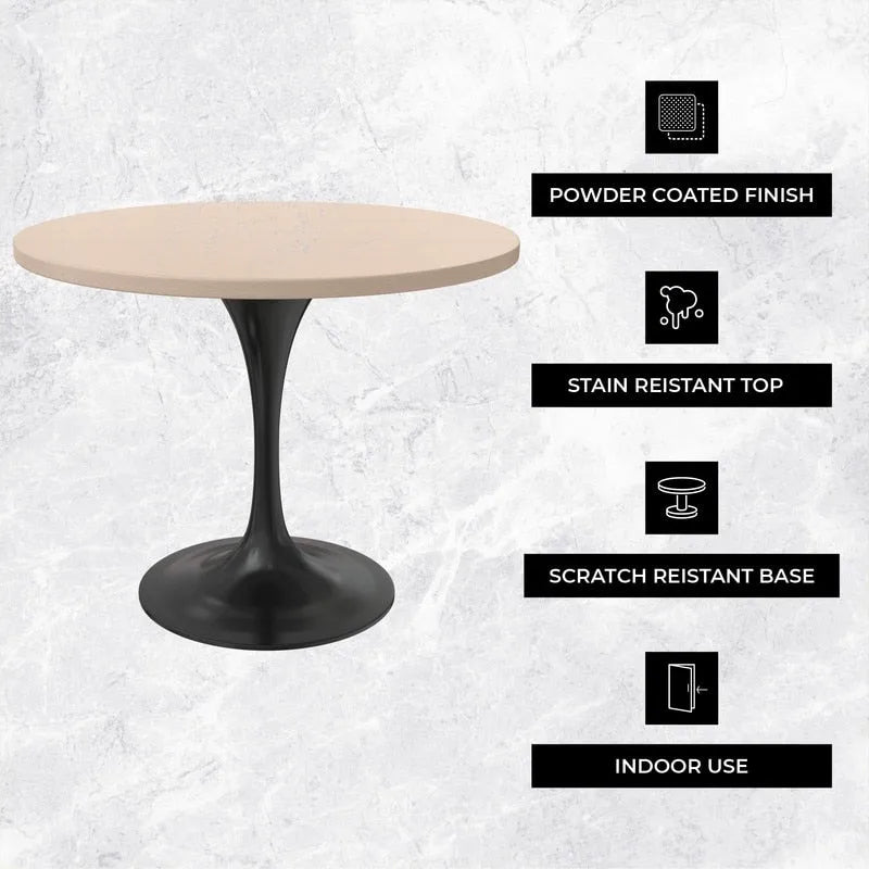 LeisureMod Verve 36  Round Dining Table with MDF Wood TableTop and Black Steel Base for Kitchen & Dining Room