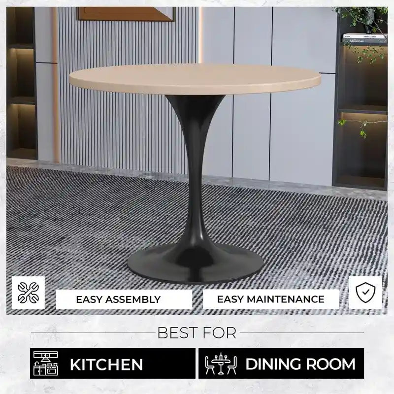 LeisureMod Verve 36  Round Dining Table with MDF Wood TableTop and Black Steel Base for Kitchen & Dining Room