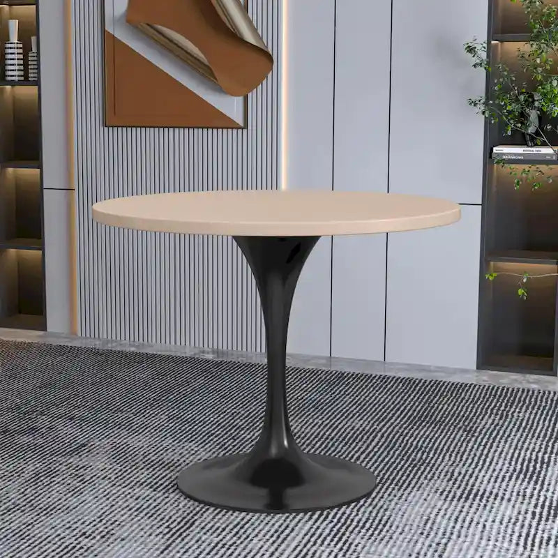 LeisureMod Verve 36  Round Dining Table with MDF Wood TableTop and Black Steel Base for Kitchen & Dining Room