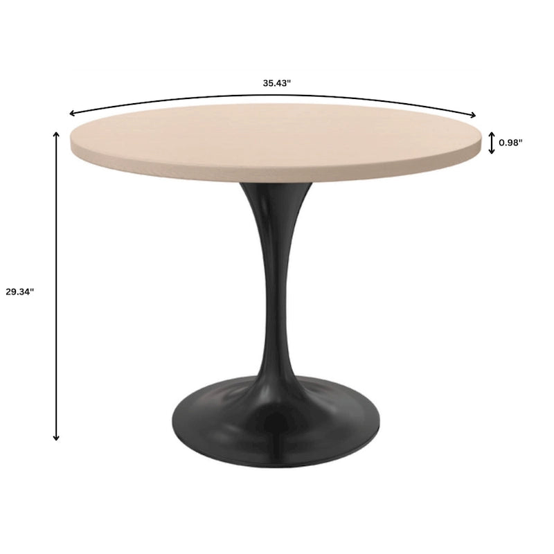 LeisureMod Verve 36  Round Dining Table with MDF Wood TableTop and Black Steel Base for Kitchen & Dining Room