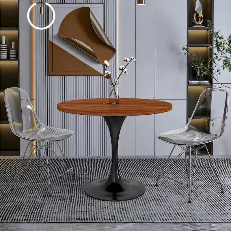 LeisureMod Verve 36  Round Dining Table with MDF Wood TableTop and Black Steel Base for Kitchen & Dining Room