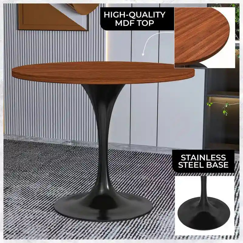 LeisureMod Verve 36  Round Dining Table with MDF Wood TableTop and Black Steel Base for Kitchen & Dining Room
