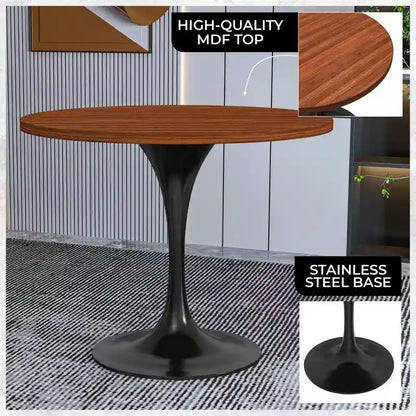 LeisureMod Verve 36  Round Dining Table with MDF Wood TableTop and Black Steel Base for Kitchen & Dining Room