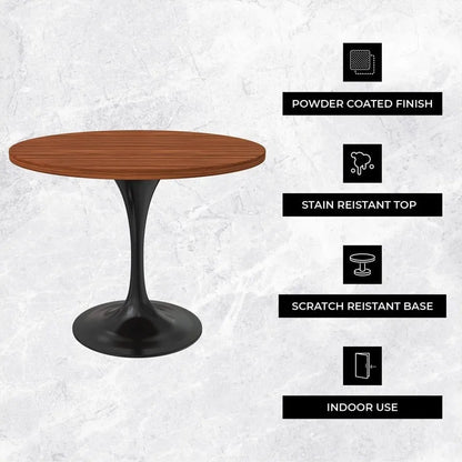 LeisureMod Verve 36  Round Dining Table with MDF Wood TableTop and Black Steel Base for Kitchen & Dining Room