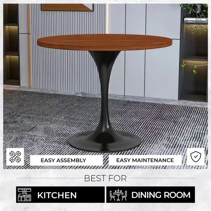 LeisureMod Verve 36  Round Dining Table with MDF Wood TableTop and Black Steel Base for Kitchen & Dining Room