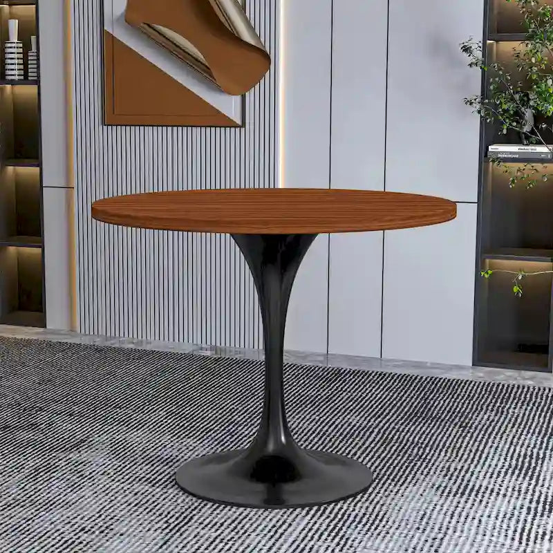 LeisureMod Verve 36  Round Dining Table with MDF Wood TableTop and Black Steel Base for Kitchen & Dining Room