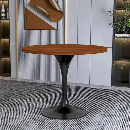 LeisureMod Verve 36  Round Dining Table with MDF Wood TableTop and Black Steel Base for Kitchen & Dining Room