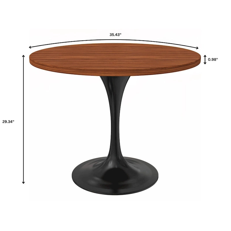LeisureMod Verve 36  Round Dining Table with MDF Wood TableTop and Black Steel Base for Kitchen & Dining Room