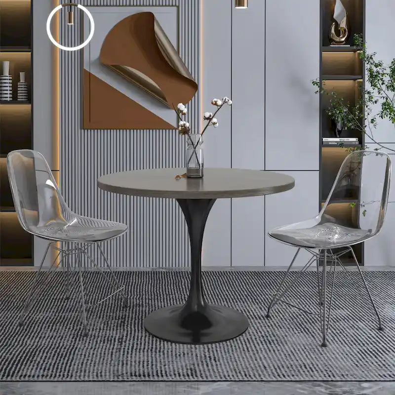 LeisureMod Verve 36  Round Dining Table with MDF Wood TableTop and Black Steel Base for Kitchen & Dining Room