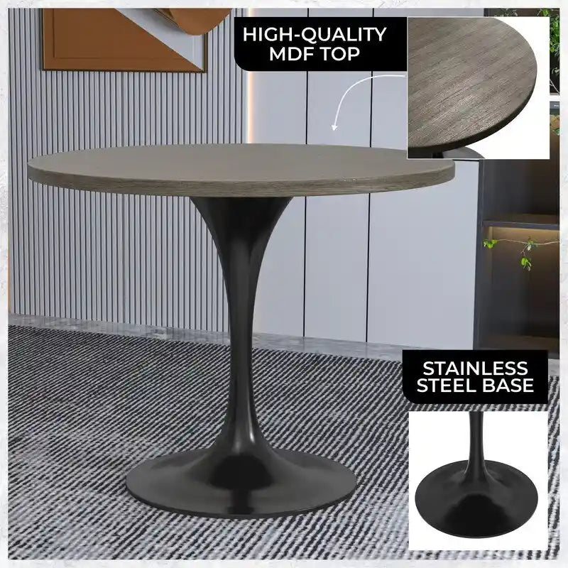 LeisureMod Verve 36  Round Dining Table with MDF Wood TableTop and Black Steel Base for Kitchen & Dining Room