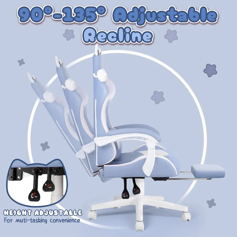 BOSSIN Gaming Chair with Cat Ears and Cat Paw Cushion Pillow,Cute Kawaii Reclining Computer Chair for Girl with Footrest