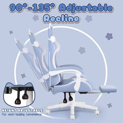 BOSSIN Gaming Chair with Cat Ears and Cat Paw Cushion Pillow,Cute Kawaii Reclining Computer Chair for Girl with Footrest