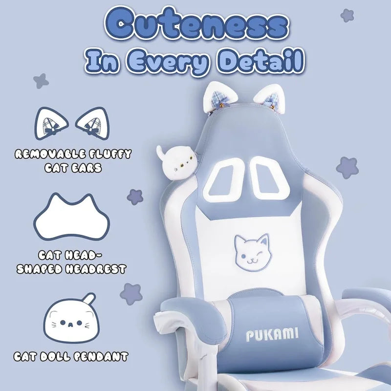 BOSSIN Gaming Chair with Cat Ears and Cat Paw Cushion Pillow,Cute Kawaii Reclining Computer Chair for Girl with Footrest