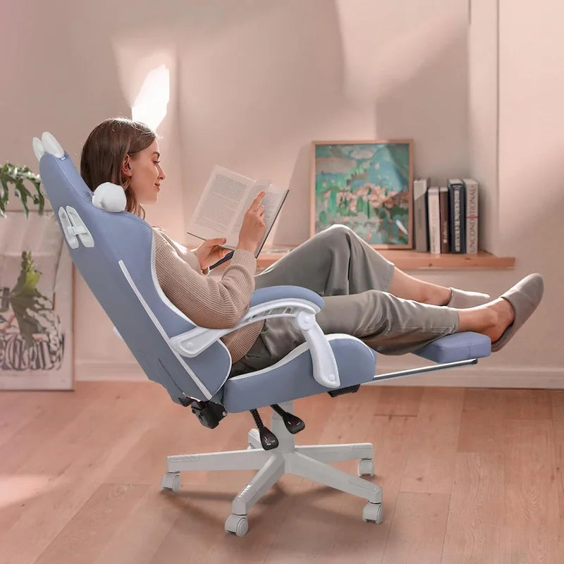 BOSSIN Gaming Chair with Cat Ears and Cat Paw Cushion Pillow,Cute Kawaii Reclining Computer Chair for Girl with Footrest