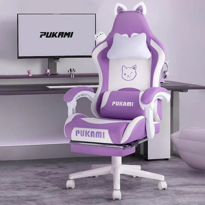 BOSSIN Gaming Chair with Cat Ears and Cat Paw Cushion Pillow,Cute Kawaii Reclining Computer Chair for Girl with Footrest