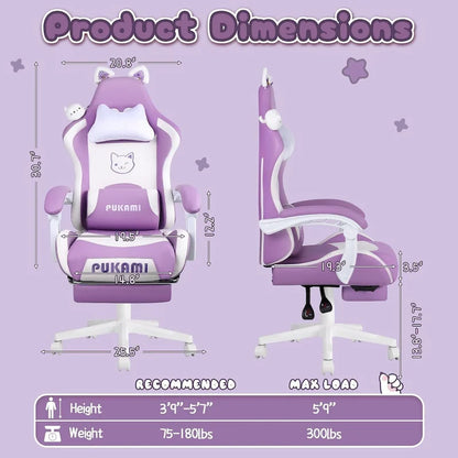 BOSSIN Gaming Chair with Cat Ears and Cat Paw Cushion Pillow,Cute Kawaii Reclining Computer Chair for Girl with Footrest
