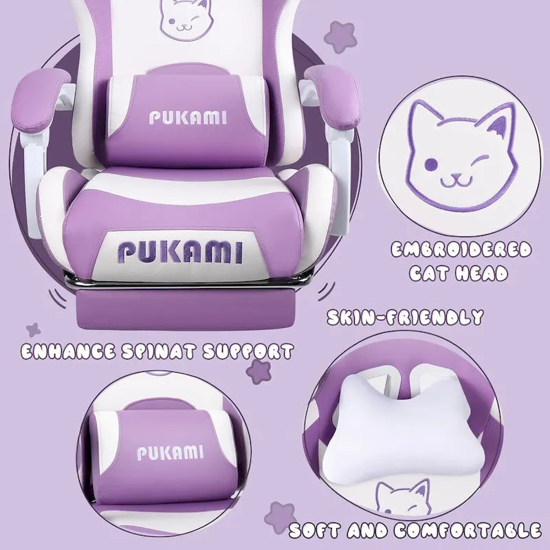 BOSSIN Gaming Chair with Cat Ears and Cat Paw Cushion Pillow,Cute Kawaii Reclining Computer Chair for Girl with Footrest