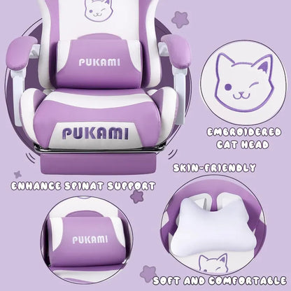 BOSSIN Gaming Chair with Cat Ears and Cat Paw Cushion Pillow,Cute Kawaii Reclining Computer Chair for Girl with Footrest