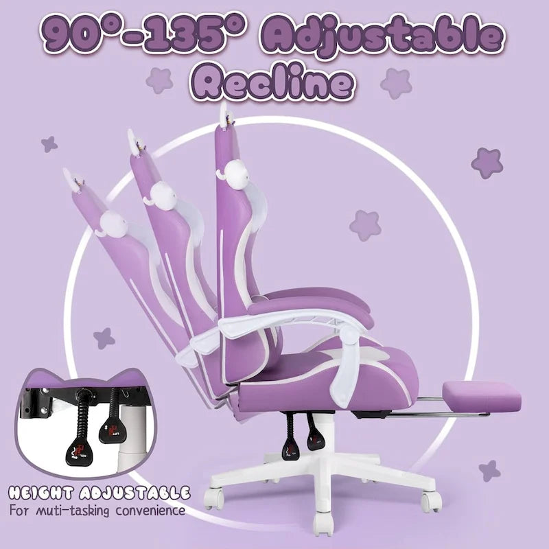 BOSSIN Gaming Chair with Cat Ears and Cat Paw Cushion Pillow,Cute Kawaii Reclining Computer Chair for Girl with Footrest