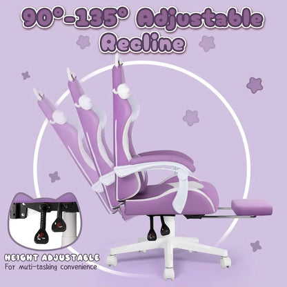 BOSSIN Gaming Chair with Cat Ears and Cat Paw Cushion Pillow,Cute Kawaii Reclining Computer Chair for Girl with Footrest