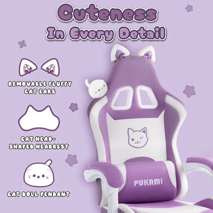 BOSSIN Gaming Chair with Cat Ears and Cat Paw Cushion Pillow,Cute Kawaii Reclining Computer Chair for Girl with Footrest