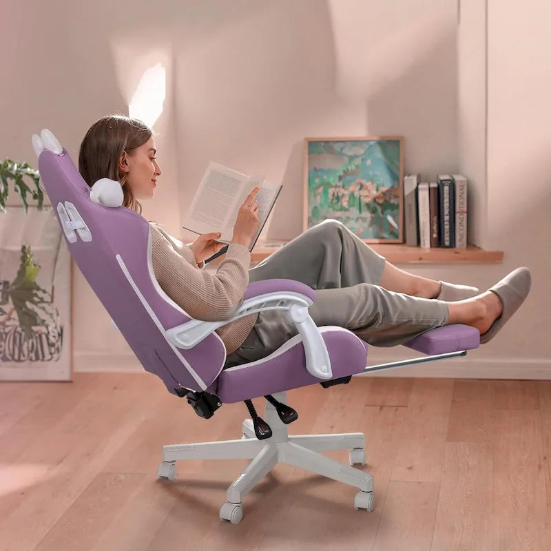 BOSSIN Gaming Chair with Cat Ears and Cat Paw Cushion Pillow,Cute Kawaii Reclining Computer Chair for Girl with Footrest