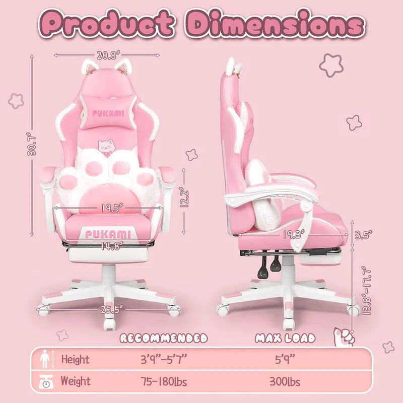 BOSSIN Gaming Chair with Cat Ears and Cat Paw Cushion Pillow,Cute Kawaii Reclining Computer Chair for Girl with Footrest