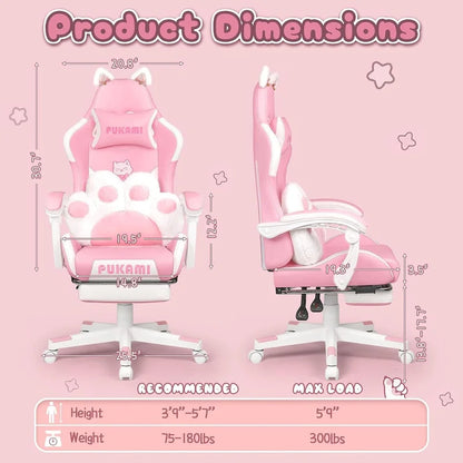 BOSSIN Gaming Chair with Cat Ears and Cat Paw Cushion Pillow,Cute Kawaii Reclining Computer Chair for Girl with Footrest