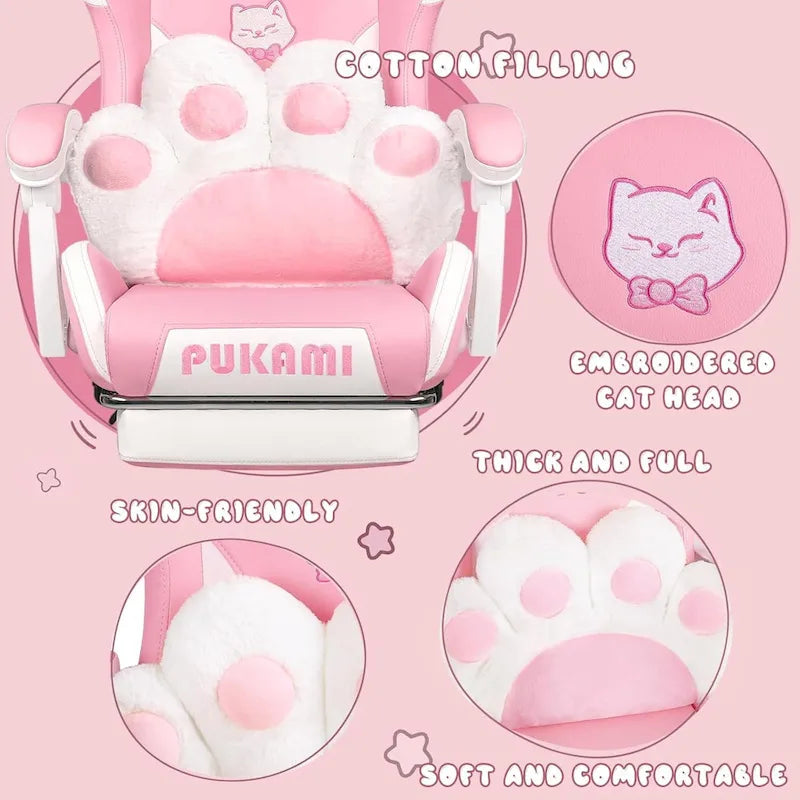BOSSIN Gaming Chair with Cat Ears and Cat Paw Cushion Pillow,Cute Kawaii Reclining Computer Chair for Girl with Footrest