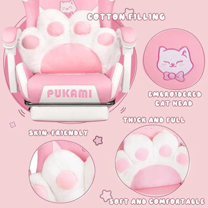 BOSSIN Gaming Chair with Cat Ears and Cat Paw Cushion Pillow,Cute Kawaii Reclining Computer Chair for Girl with Footrest