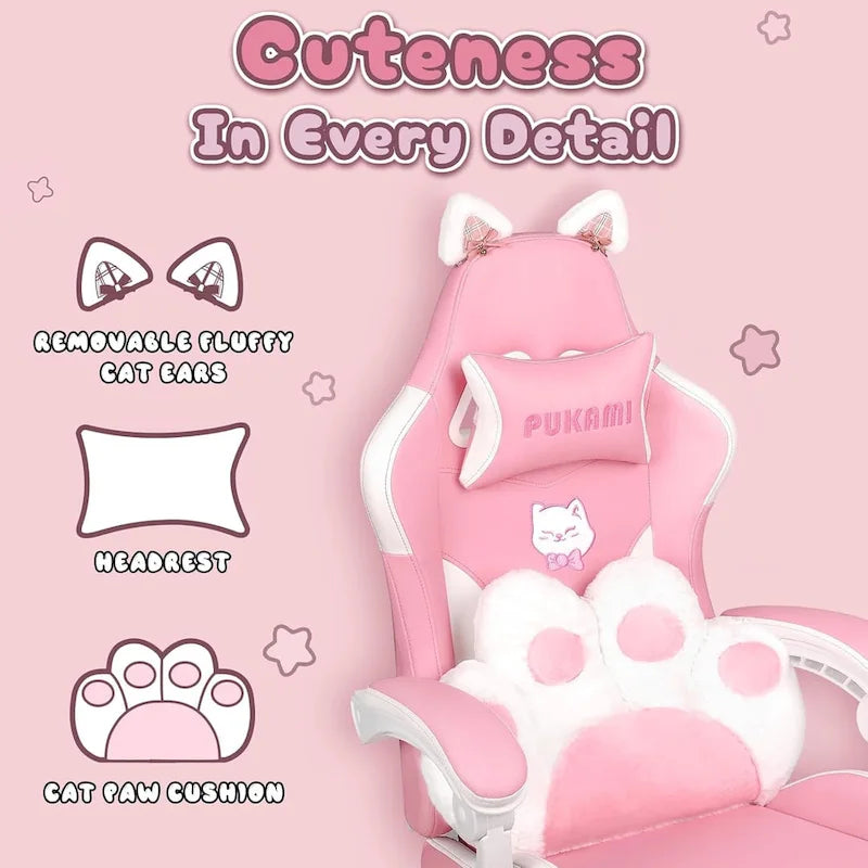 BOSSIN Gaming Chair with Cat Ears and Cat Paw Cushion Pillow,Cute Kawaii Reclining Computer Chair for Girl with Footrest