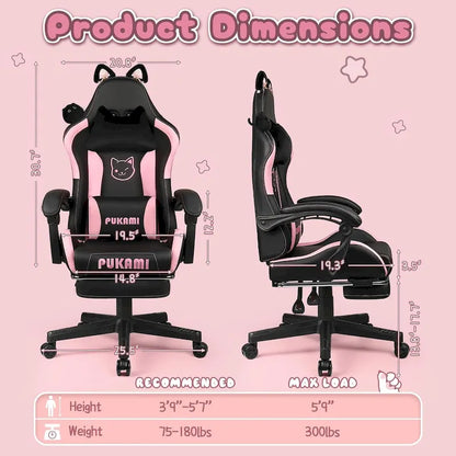 BOSSIN Gaming Chair with Cat Ears and Cat Paw Cushion Pillow,Cute Kawaii Reclining Computer Chair for Girl with Footrest