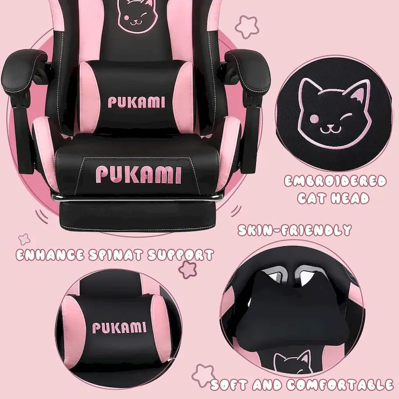 BOSSIN Gaming Chair with Cat Ears and Cat Paw Cushion Pillow,Cute Kawaii Reclining Computer Chair for Girl with Footrest
