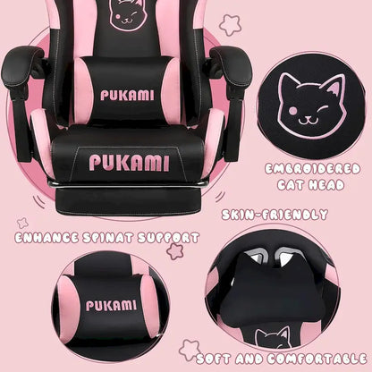 BOSSIN Gaming Chair with Cat Ears and Cat Paw Cushion Pillow,Cute Kawaii Reclining Computer Chair for Girl with Footrest