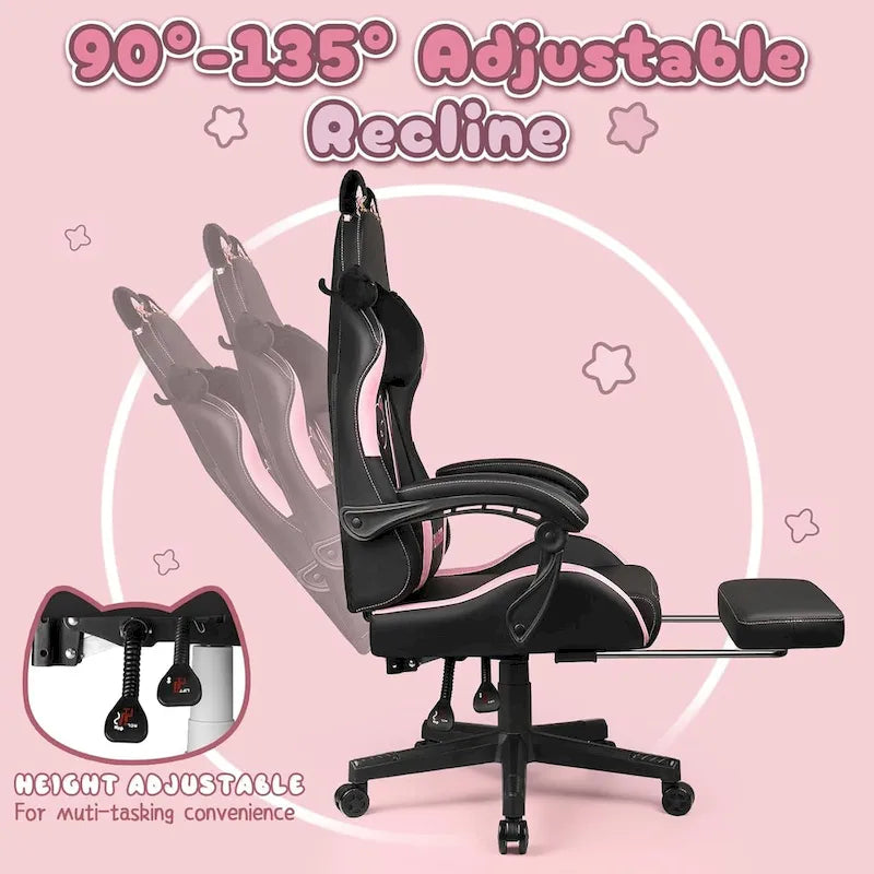 BOSSIN Gaming Chair with Cat Ears and Cat Paw Cushion Pillow,Cute Kawaii Reclining Computer Chair for Girl with Footrest