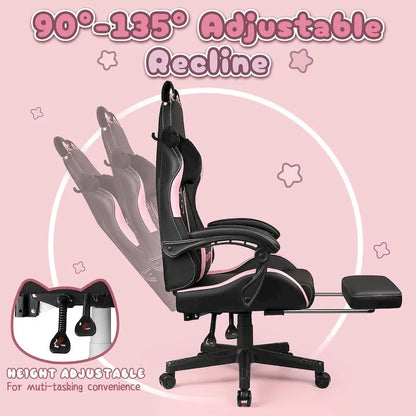 BOSSIN Gaming Chair with Cat Ears and Cat Paw Cushion Pillow,Cute Kawaii Reclining Computer Chair for Girl with Footrest
