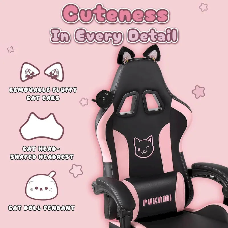 BOSSIN Gaming Chair with Cat Ears and Cat Paw Cushion Pillow,Cute Kawaii Reclining Computer Chair for Girl with Footrest
