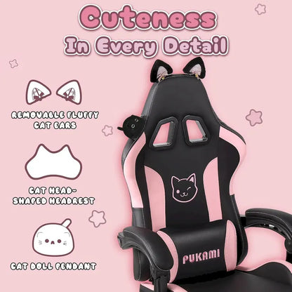 BOSSIN Gaming Chair with Cat Ears and Cat Paw Cushion Pillow,Cute Kawaii Reclining Computer Chair for Girl with Footrest