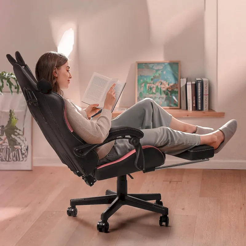 BOSSIN Gaming Chair with Cat Ears and Cat Paw Cushion Pillow,Cute Kawaii Reclining Computer Chair for Girl with Footrest