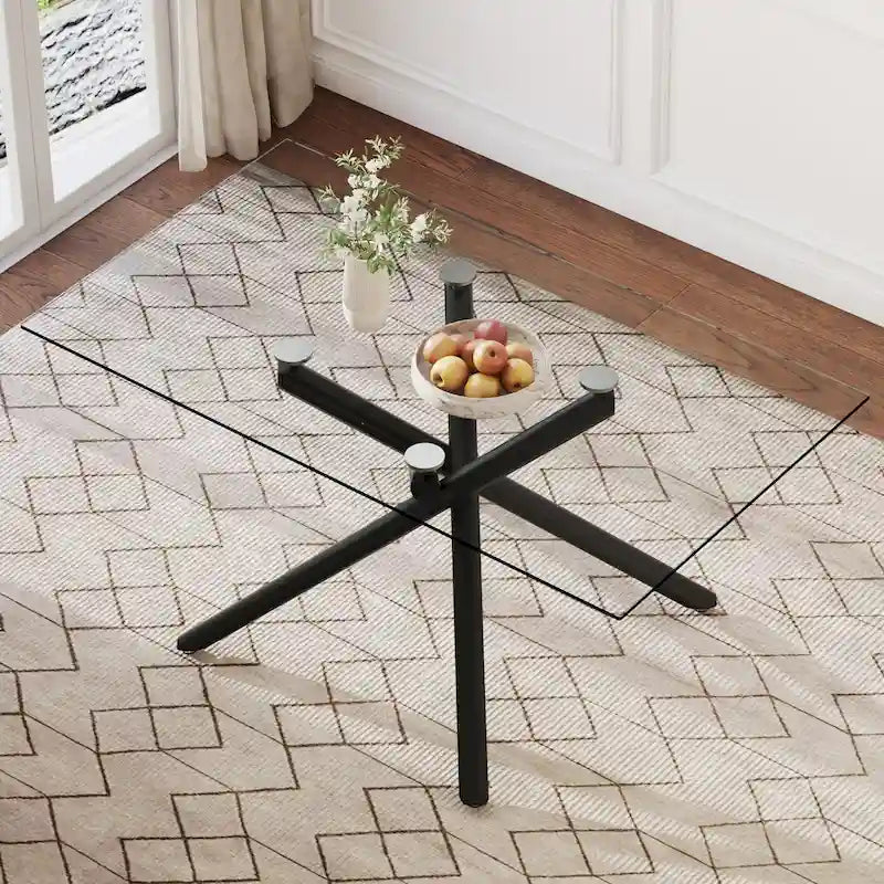 Large Modern Minimalist Rectangular Glass Dining Table for 6-8 with 0.39  Tempered Glass Tabletop and Black color Metal Legs