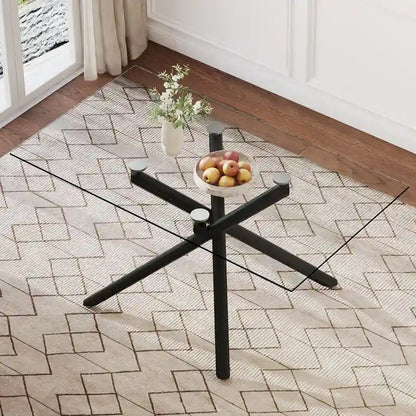 Large Modern Minimalist Rectangular Glass Dining Table for 6-8 with 0.39  Tempered Glass Tabletop and Black color Metal Legs