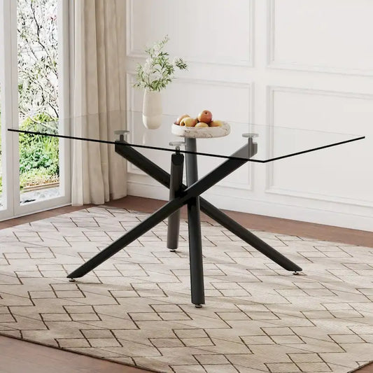Large Modern Minimalist Rectangular Glass Dining Table for 6-8 with 0.39  Tempered Glass Tabletop and Black color Metal Legs