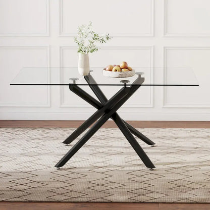 Large Modern Minimalist Rectangular Glass Dining Table for 6-8 with 0.39  Tempered Glass Tabletop and Black color Metal Legs