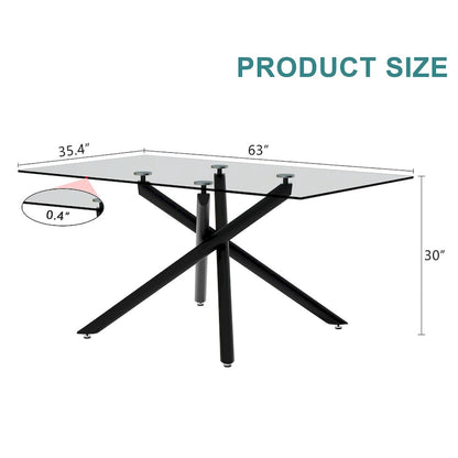 Large Modern Minimalist Rectangular Glass Dining Table for 6-8 with 0.39  Tempered Glass Tabletop and Black color Metal Legs